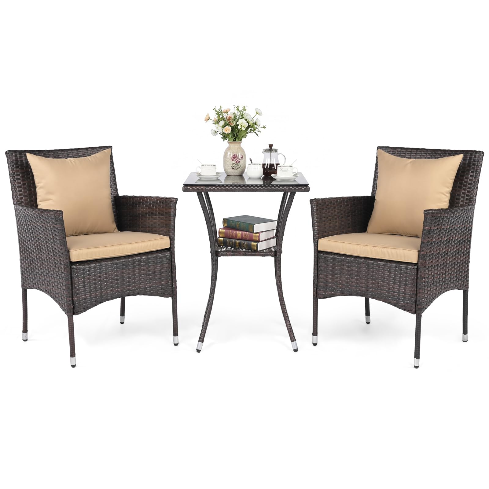 COSTWAY Rattan Gartenmöbel Set, Balkonmöbel Kleiner Balkon, Balkon Möbel mit 2 Sessel, Glastisch und Kissen, Gartenlounge 2 Personen, Sitzgruppe für Garten, Veranda, Poolbereich (Mix Braun+Beige)