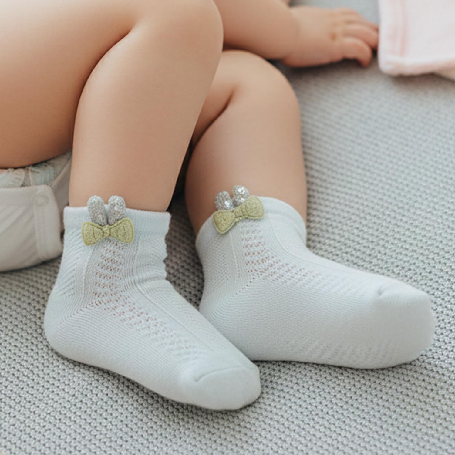 SYGA 4-Pairs Baby Socks Set Mesh Short Cotton with Rabbit Cartoon Pattern for Newborns 0-6 Months (White, Pink, Khaki, Green)