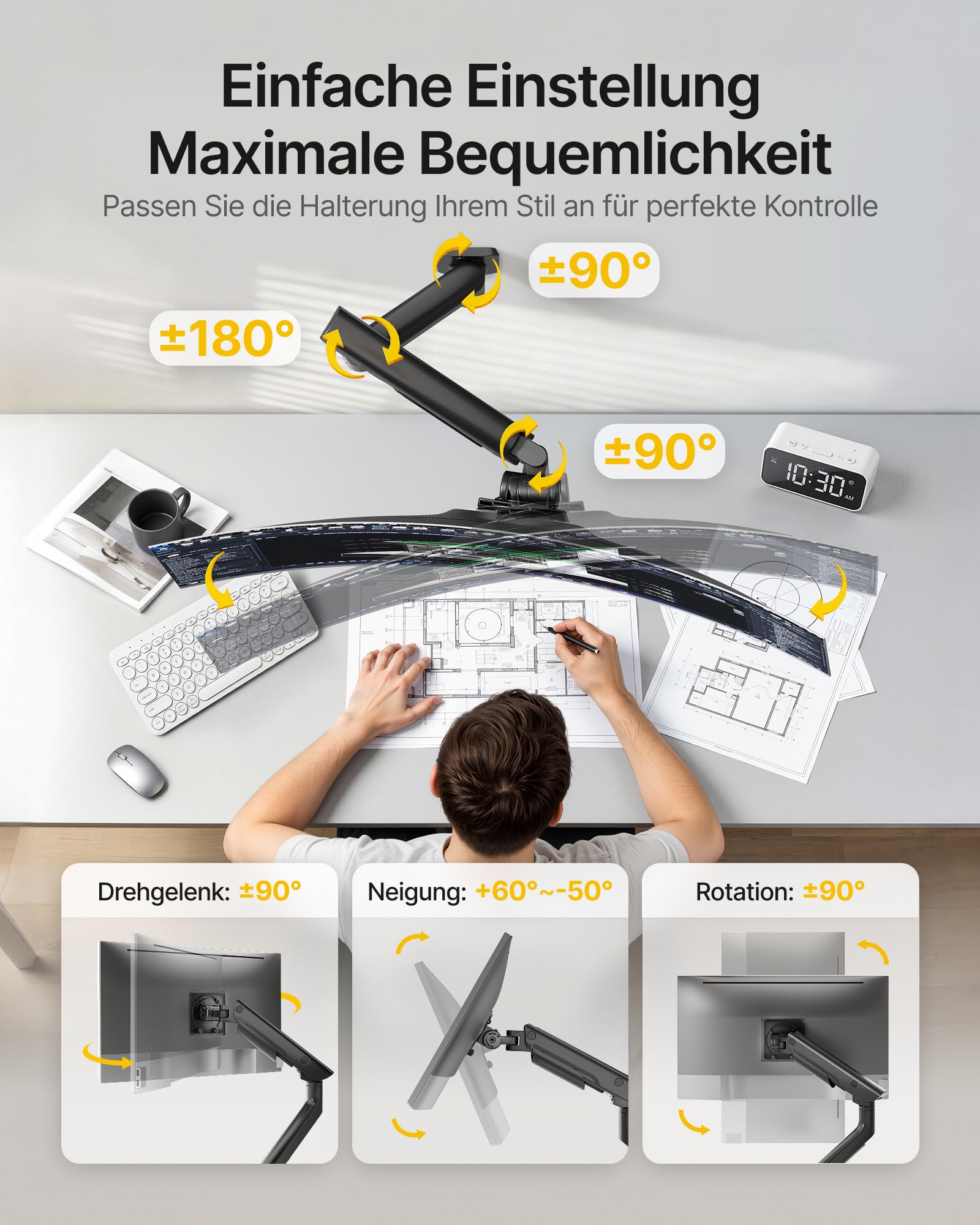 monTEK Supporto da parete singolo per monitor ultrawide da 17 a 57 pollici, fino a 27 kg, in alluminio ad alta resistenza con regolazione dell'altezza, funzione pneumatica, VESA 100 x 100/75 x 75