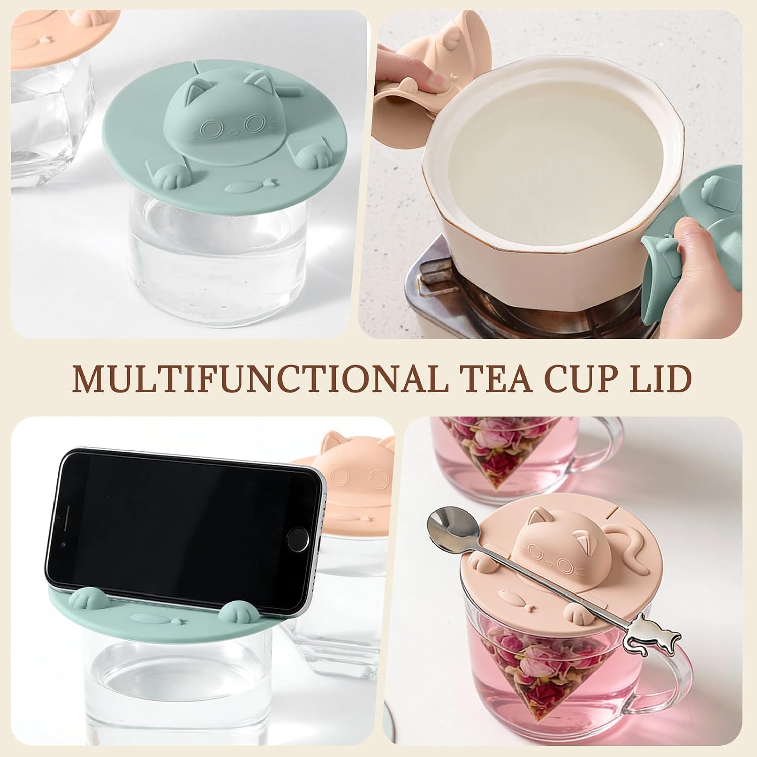 3 SET Cat Silicone Cup Lid with Cat Tea Spoon | Multi-Function Mug Cover,Built for Phone Stand & Tea Bag Holder, Splash-Proof Heat Resistant Silicone Cover for Coffee Mugs