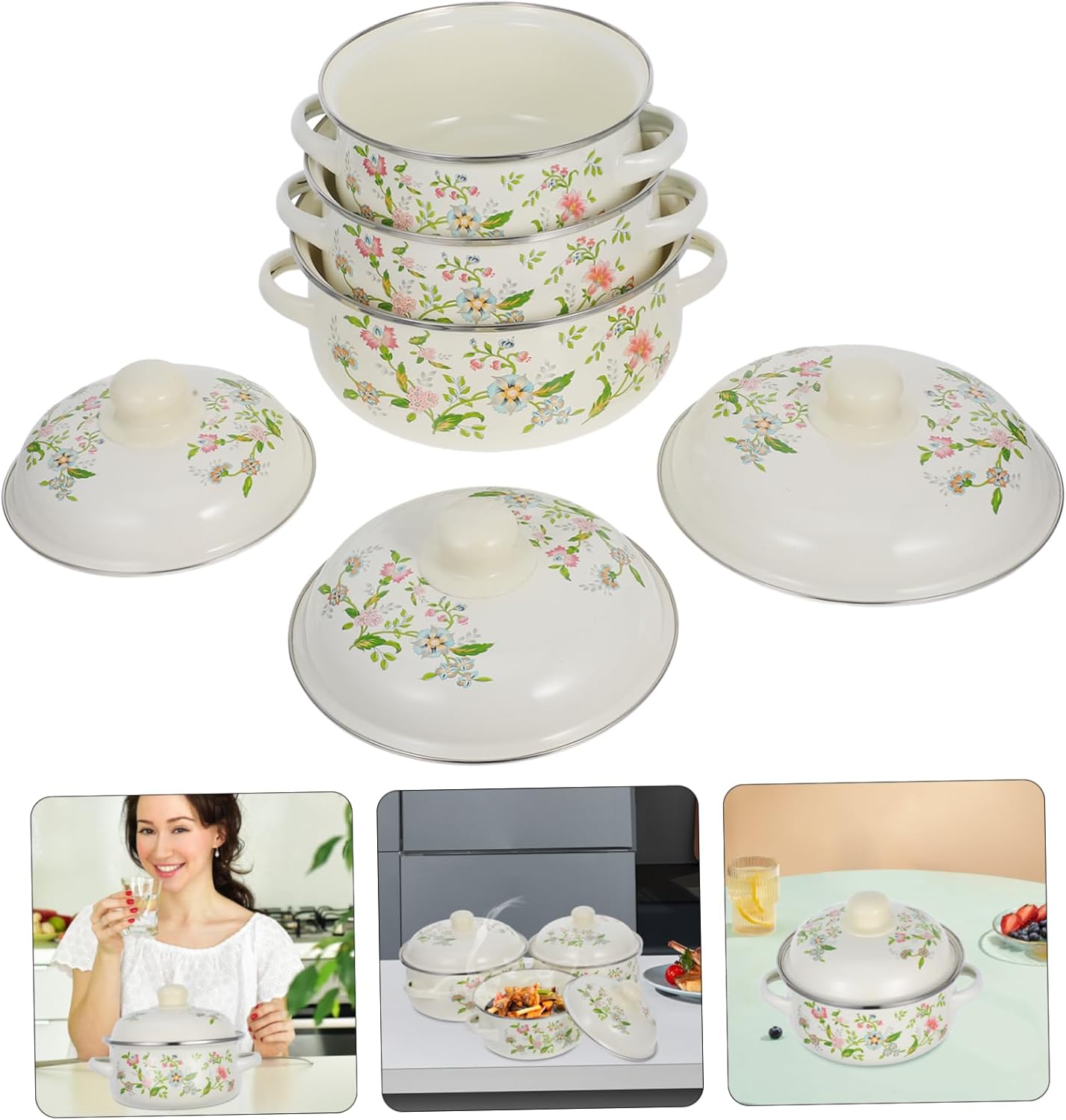 3pcs Enamelled Soup Pot Mini Stew Pot Lid Retro Floral Pattern Cooking Casserole Simmer Stock Home Kitchen