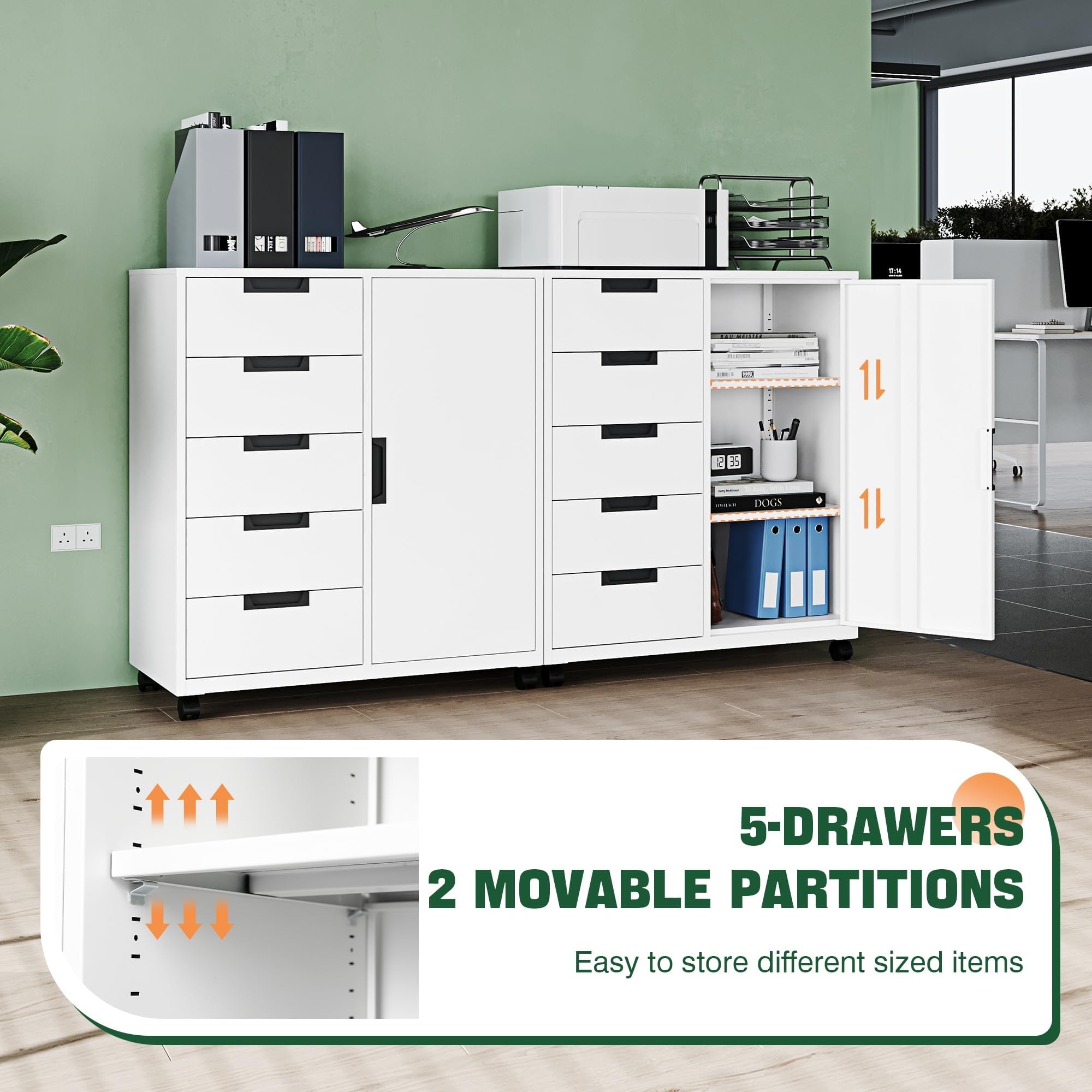 Letaya 5 Drawer Storage Cabinet, Mobile Printer Stand for Home Office,Dresser Chest with Shelves and Door(White)