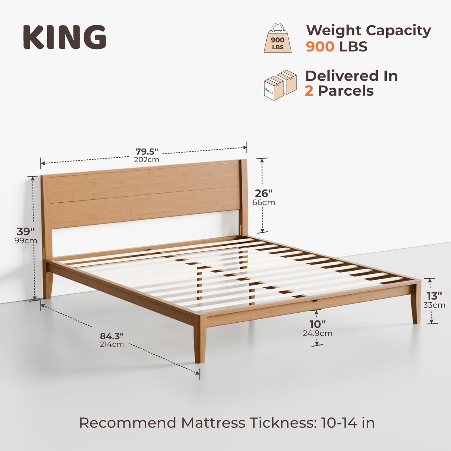 RECCI King Japanese Joinery Platform Bed Frame, Mid-Century with Tall Headboard, Noise-Free Solid Bamboo Wood Sustainable, Sturdy Slat Support with Heavy Duty, Tool-Free Assembly, 10-Inch Storage - Image 2