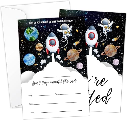 HOUSPEAK Outer Space - Tarjetas de invitaciones de primer cumpleaños con sobres (20 unidades), suministros de fiesta de cumpleaños de astronauta