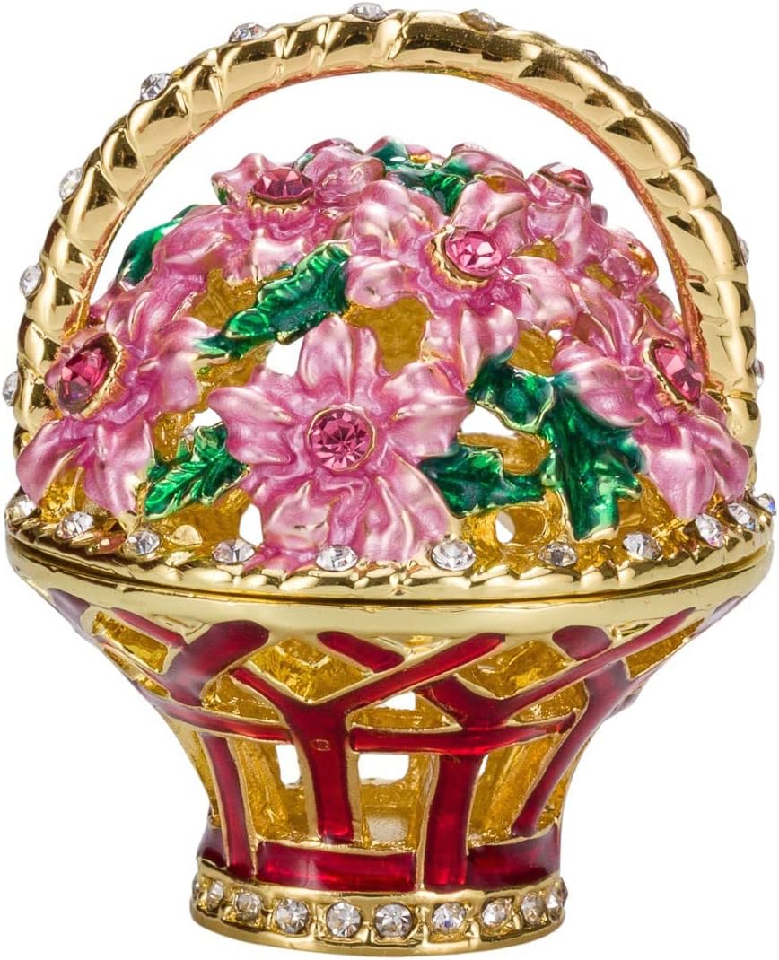 danila-souvenirs Faberge Style Egg Music Box Trinket Jewel Box with Basket of Flowers 6.8'' (17 cm) pink