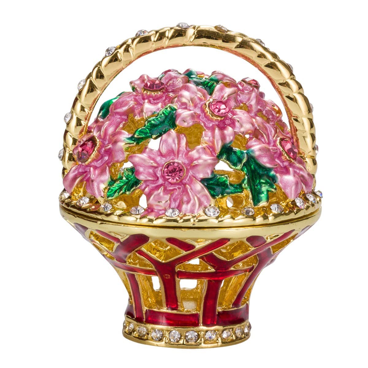 danila-souvenirs Jajko muzyczne w stylu Faberge, Szkatułka na biżuterię z koszem kwiatów 17 cm różowe