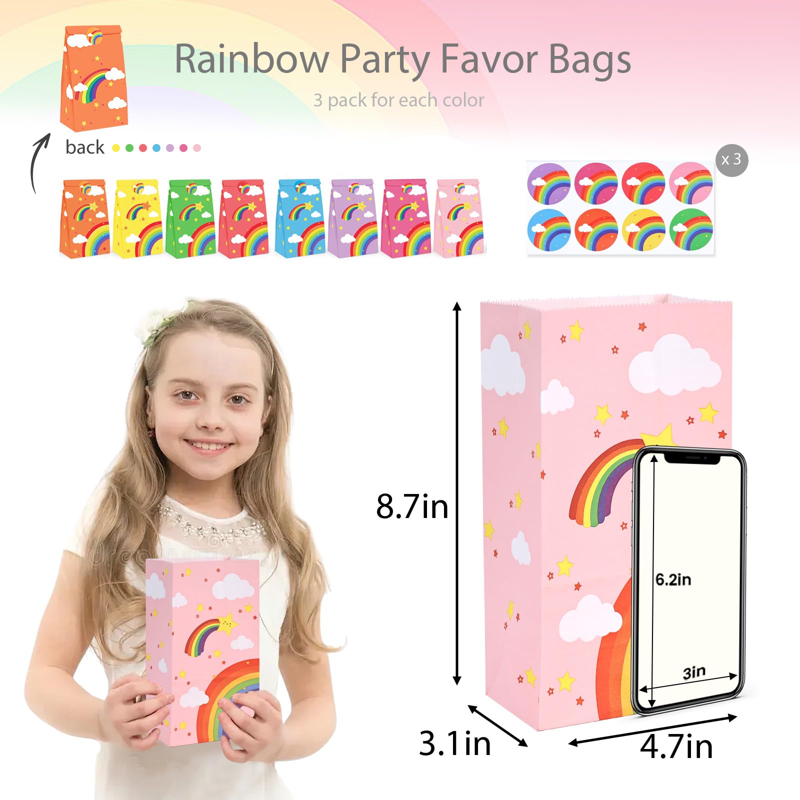 VGOODALL 24PCS Rainbow Party Favor Bags, Small Gift Bags with Stickers for Birthday, Baby Shower, Party Supplies