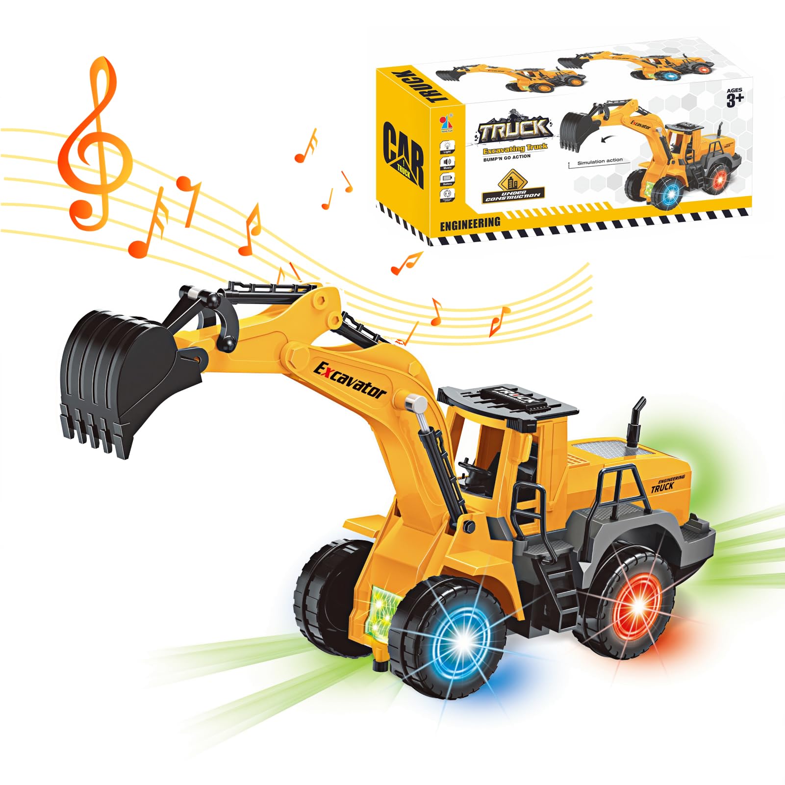 Bagger-Spielzeug, automatisches Gehen mit Ton und Licht, Baustellenfahrzeuge, Bagger, Sandspielzeug für Bergbau, mit Licht und Multi-Musik, für Kinder von 3-7 Jahren