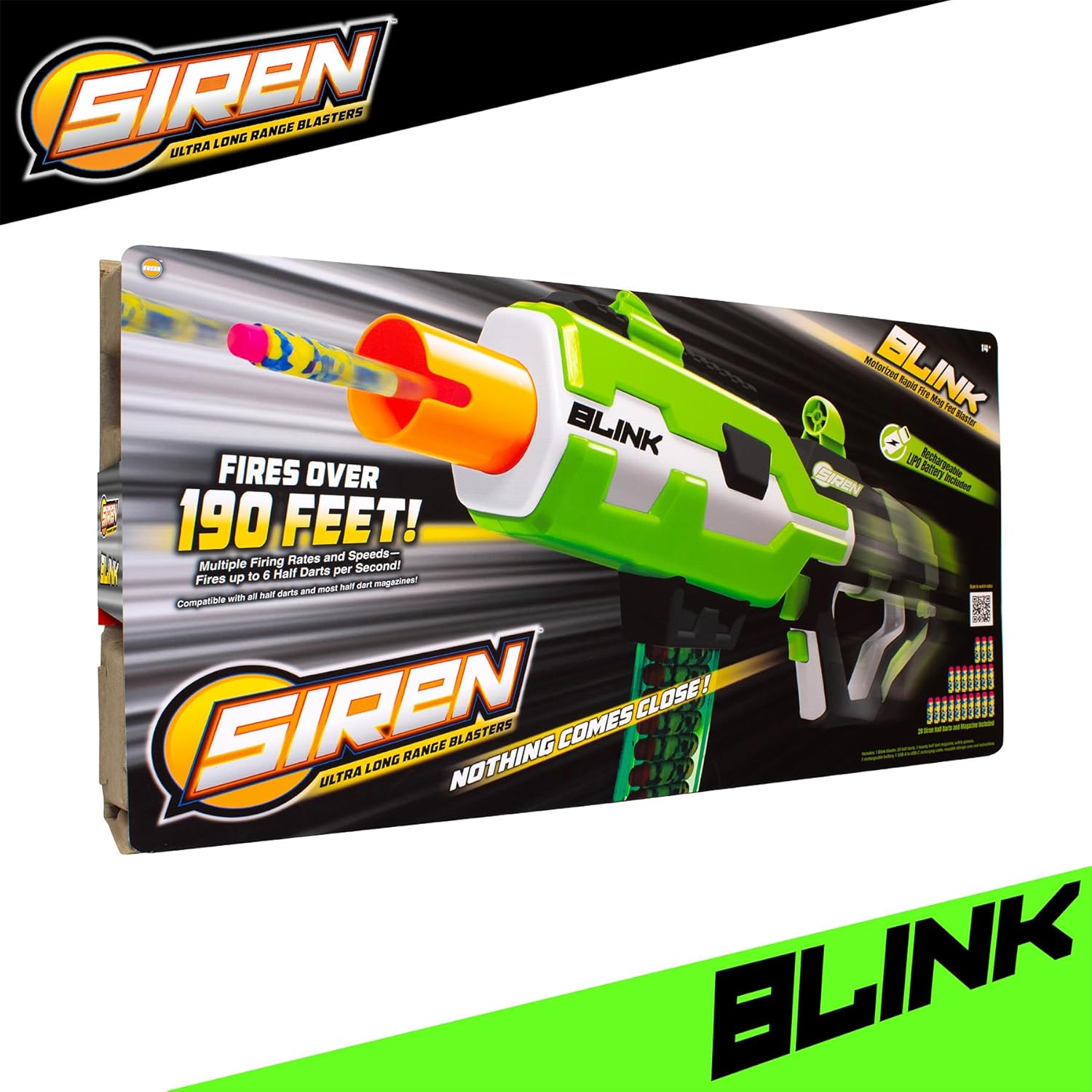 Siren Blasters Blink Motorized Rapid-Fire Ultra Long Range Foam Dart Blaster, Single Shot, Burst or Fully Auto Flywheel Launcher,190 Ft Range, 200 FPS, 20-Dart Mag, Rechargeable LiPo Battery, Ages 14+