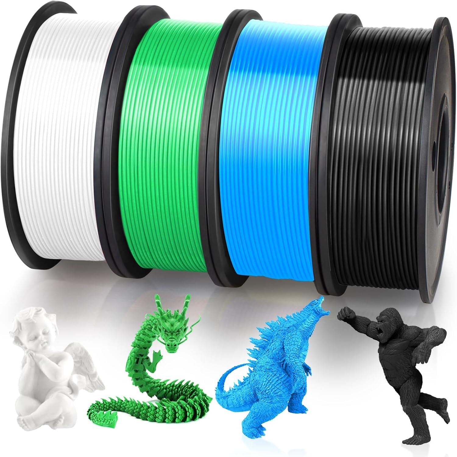 PLA 3D Printing Filament 1.75mm, 250g×4 Spools, PLA Filament Bundle 4 Colors, 1Kg in Total, 3D Printer Filament Dimensional Accuracy +/- 0.02mm, No