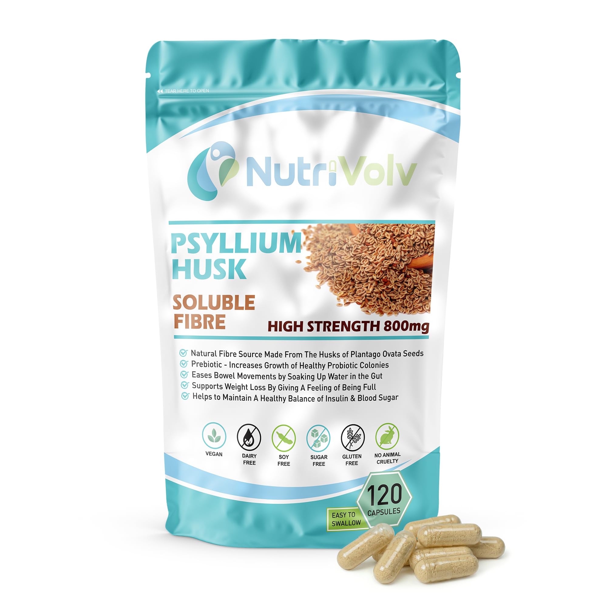 NutriVolv Psyllium Husk 800mg | 120 Capsules | Fibre Supplement | High in Sol...