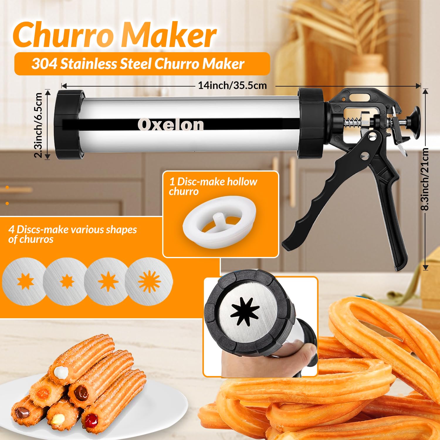 Churro Maker, 21Pcs Stainless Steel Churros Maker Kit, Cookie press gun, Hollow Churro with Piping Bag, 7 Piping Nozzles, 9 Cookie Discs & 2 Brushes, Cookie Decorating Kit, Churro Maker Machine