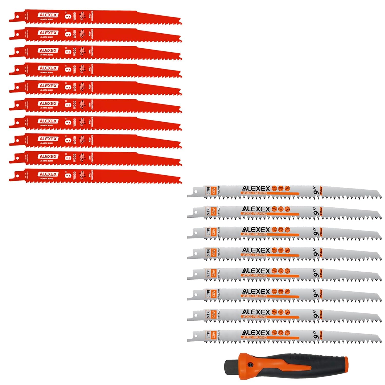 10 Pack 9 Inch 4/6 TPI Reciprocating Saw Blades for Nail-Embedded Wood Cutting, 8 Pack 9 Inch 5 Tpi Wood Pruning Reciprocating Saw Blades, 1 x Handle