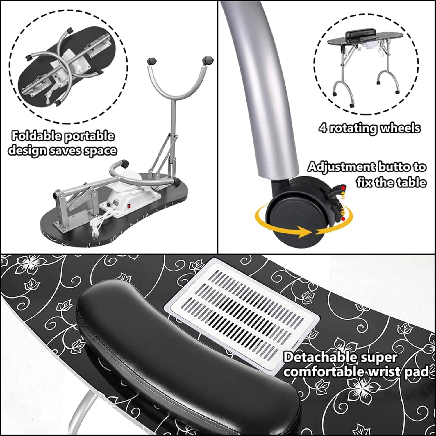 LEIBOU Professional 35''L Portable & Foldable Manicure Table Nail Technician Desk Workstation Salon Spa with Magnifier USB LED Lamp,Fan dust Collector,Sponge,Carrying Bag (Black Flower)