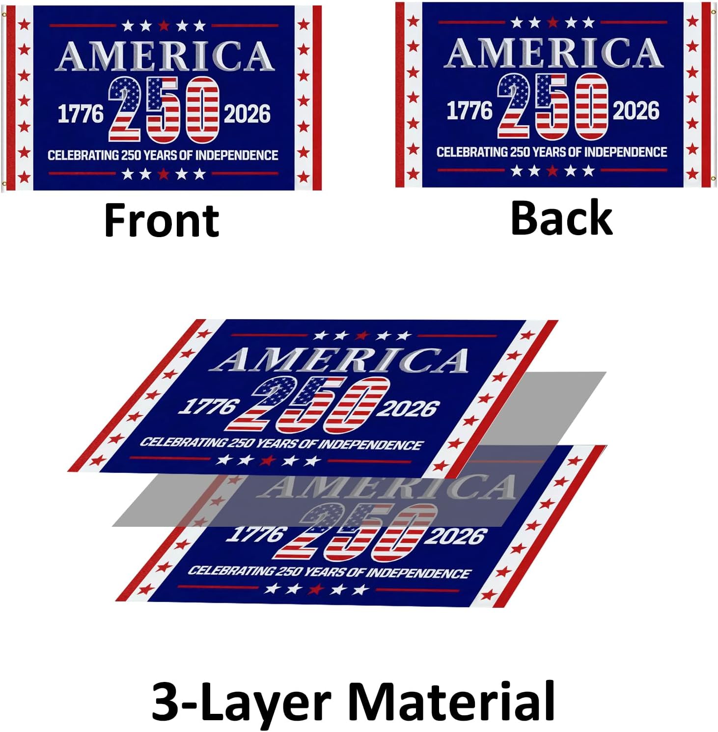 250 Years America Flag Double Sided 5x8 Outdoor-3 Ply Heavy Duty 1776-2026 250 Anniversary USA Commemorative Flag Celebrating 250 Years of Independence Banner with 2 Brass Grommets 4 Rows Stitched - Image 2