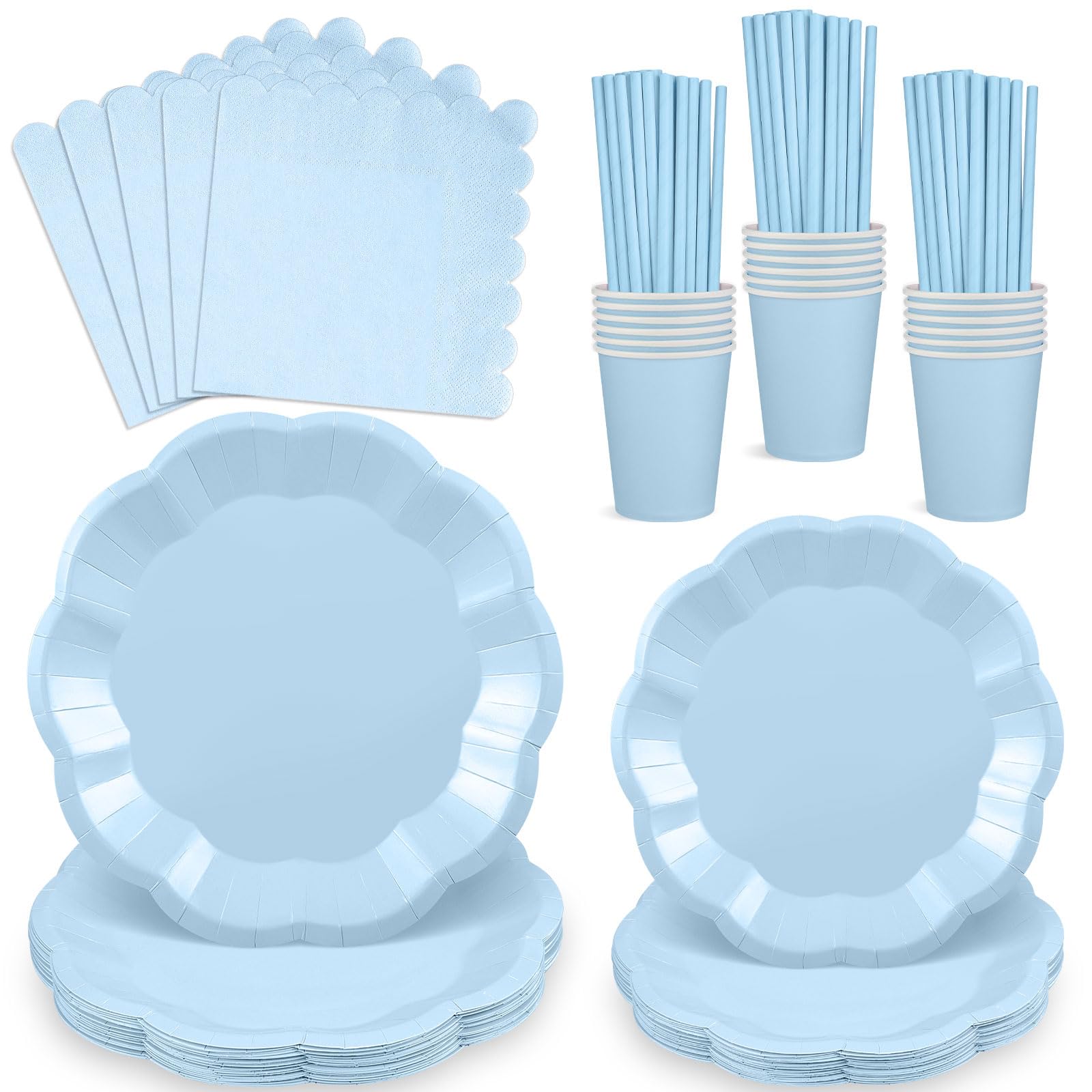 125 Pcs Light Blue Paper Plates and Napkins Set, 25 Guest Blue Party Tableware Include Party Plates Cups and Napkins Straws for Wedding Boy Baby Shower Birthday Bridal Shower
