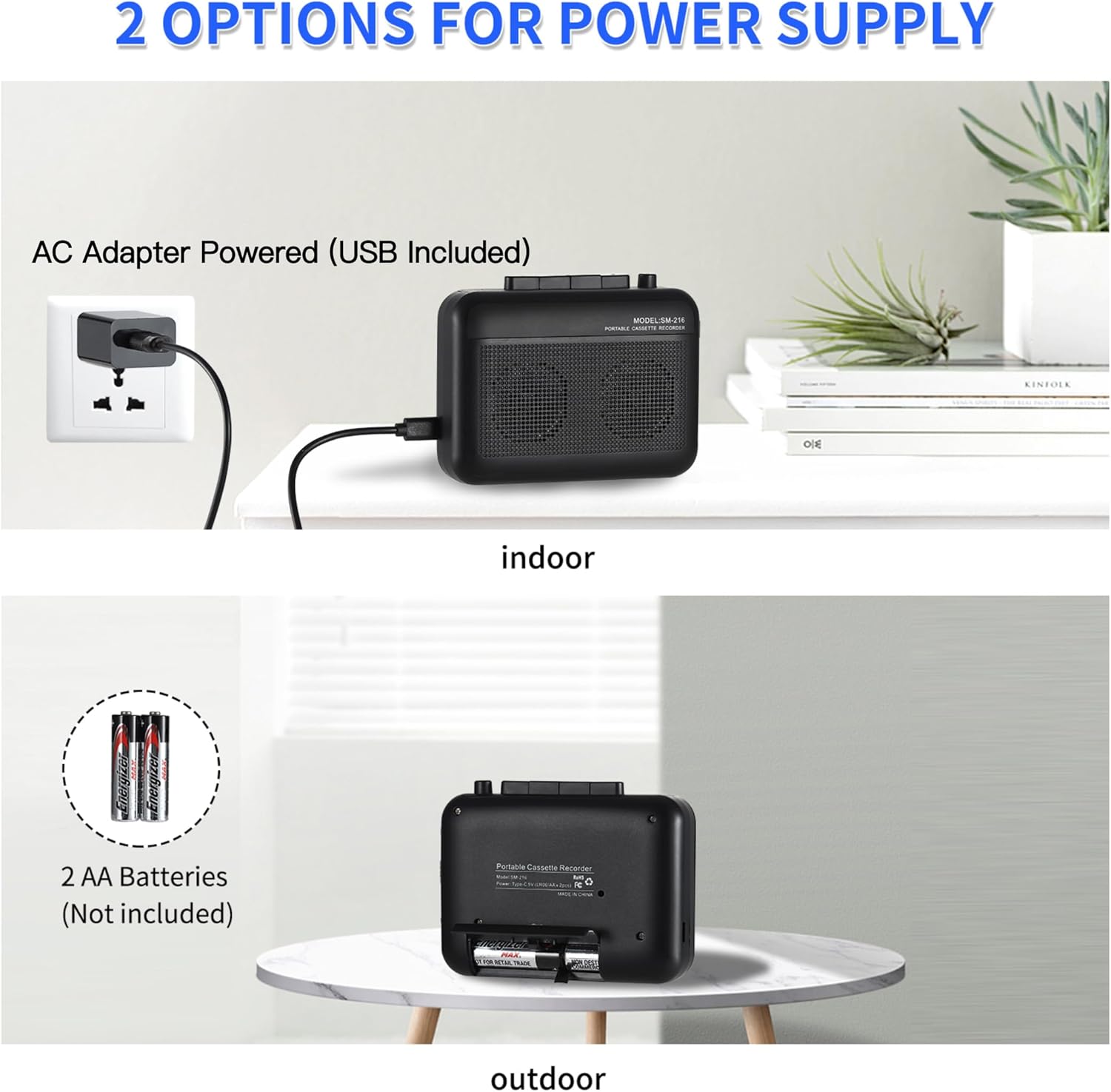 Portable Cassette Player Recorder with Bluetooth Transmitter, Small Cassette Tape Player with Headphone Jack, Build-in Speaker, Microphone Jack, Powered by AC Adapter or AA Battery- Black