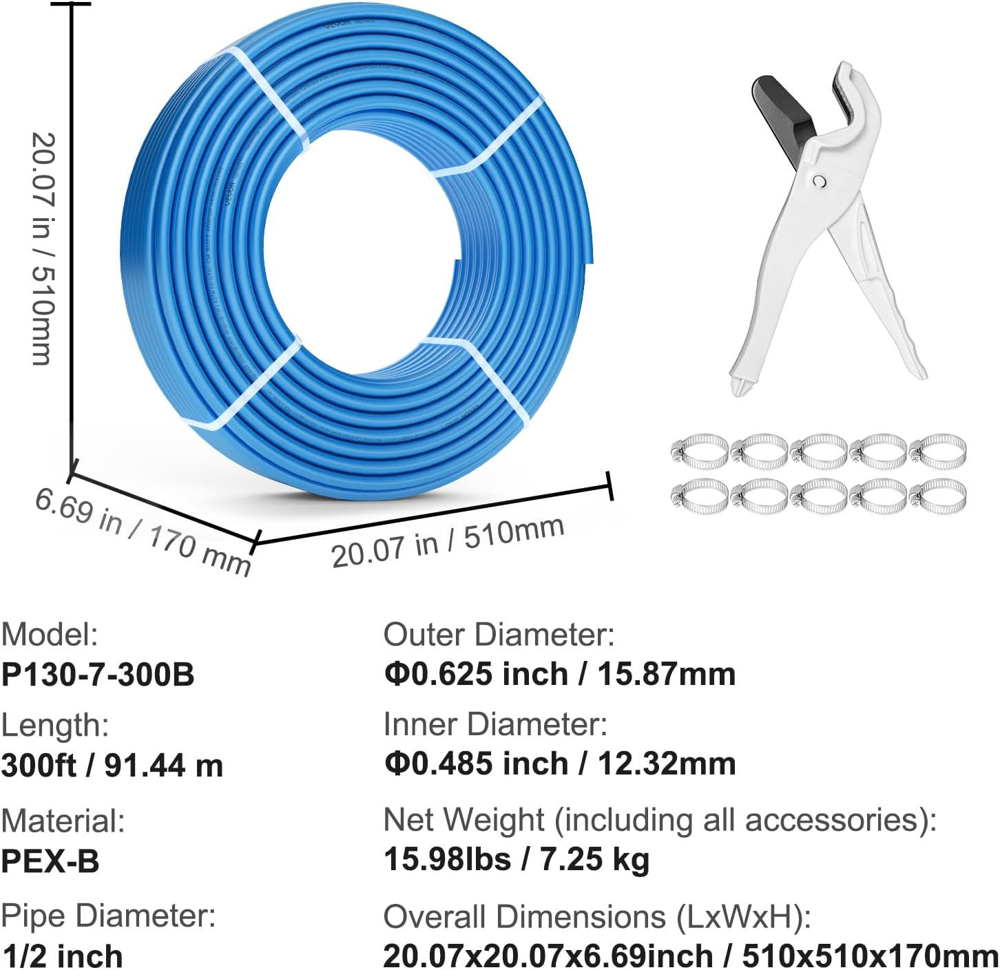 VEVOR PEX Pipe 1/2 Inch, 300 Feet Non-Oxygen Barrier PEX-B Flexible Pipe Tubing for Potable Water, for Hot/Cold Water & Easily Restore, Plumbing Applications with Free Cutter & Clamps,Blue