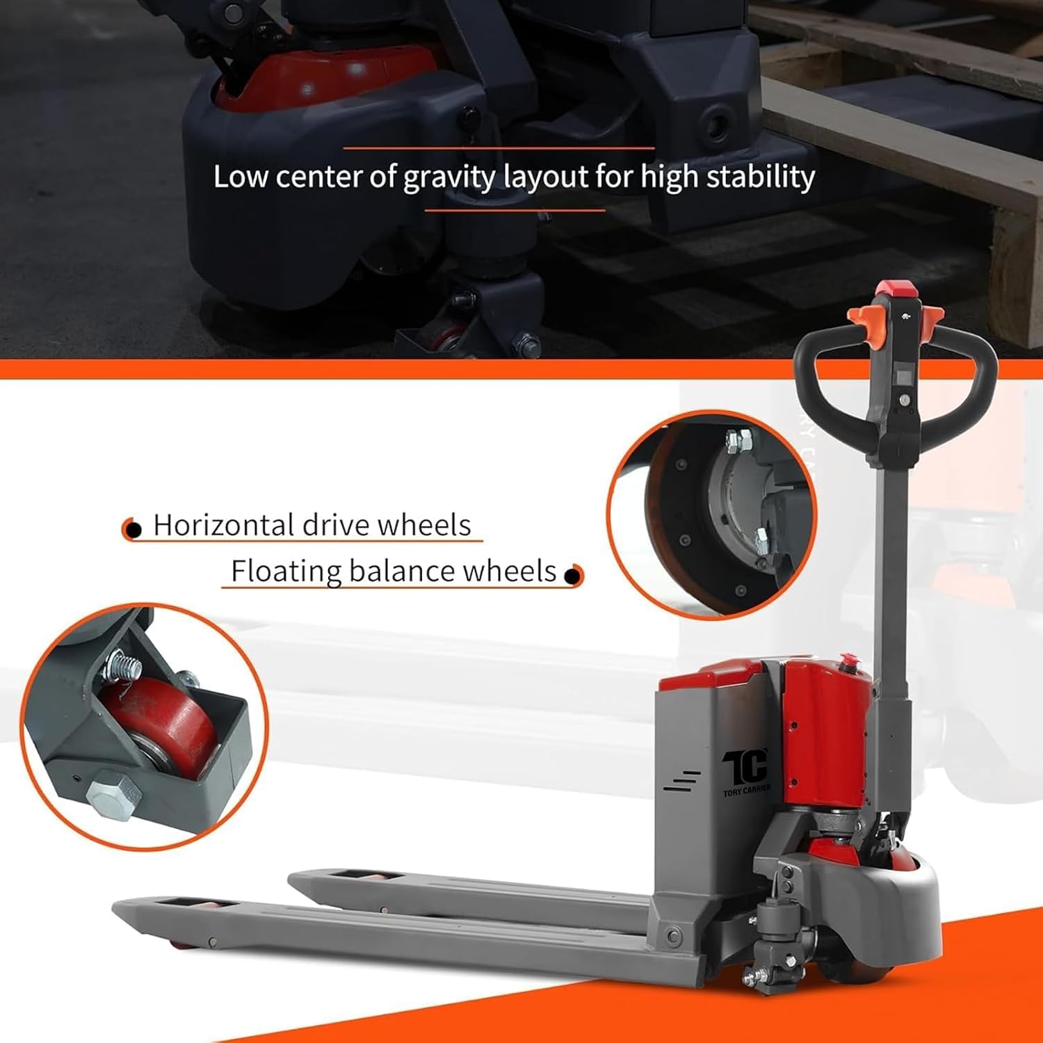 Tory Carrier Electric Pallet Truck 4400 Lb. Cap. Heavy Duty Pallet Jack 48 x 27 Forks Size Big Capacity Li-ion Battery-Red