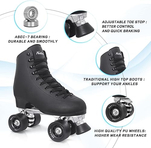 Miniatura 4 de Nattork Patines de ruedas para mujer, de piel sintética, de alta calidad, para principiantes, interiores y exteriores, 4 ruedas, patines de doble