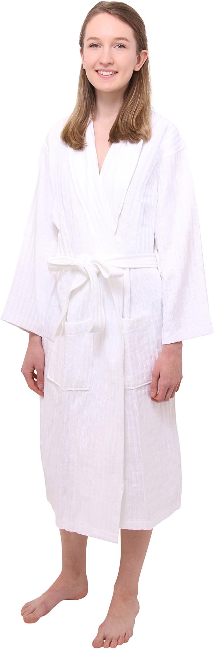 Don Sknarinyon 100% Cotton White Long Bath Robe For Men & Women, Soft Striped Texture