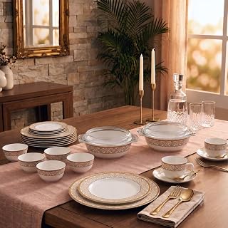La Opala, Sovrana Collection, Opal Glass Traditional Dinner Set 62 Pcs, Moroccan Gold, W…