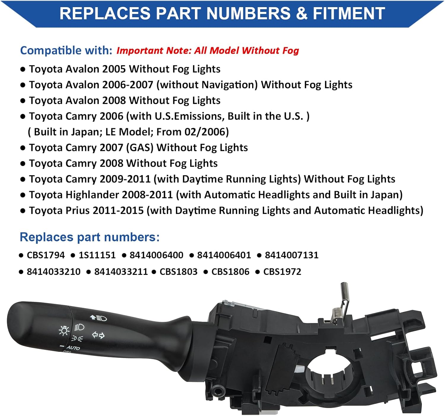 Obaee Turn Signal Switch Multifunction Switch Compatible with Toyota Camry 2006-2011, Prius 2011-2015, Highlander 2008-2011, Avalon 2005-2008, Without Fog Lights, Reference CBS1794