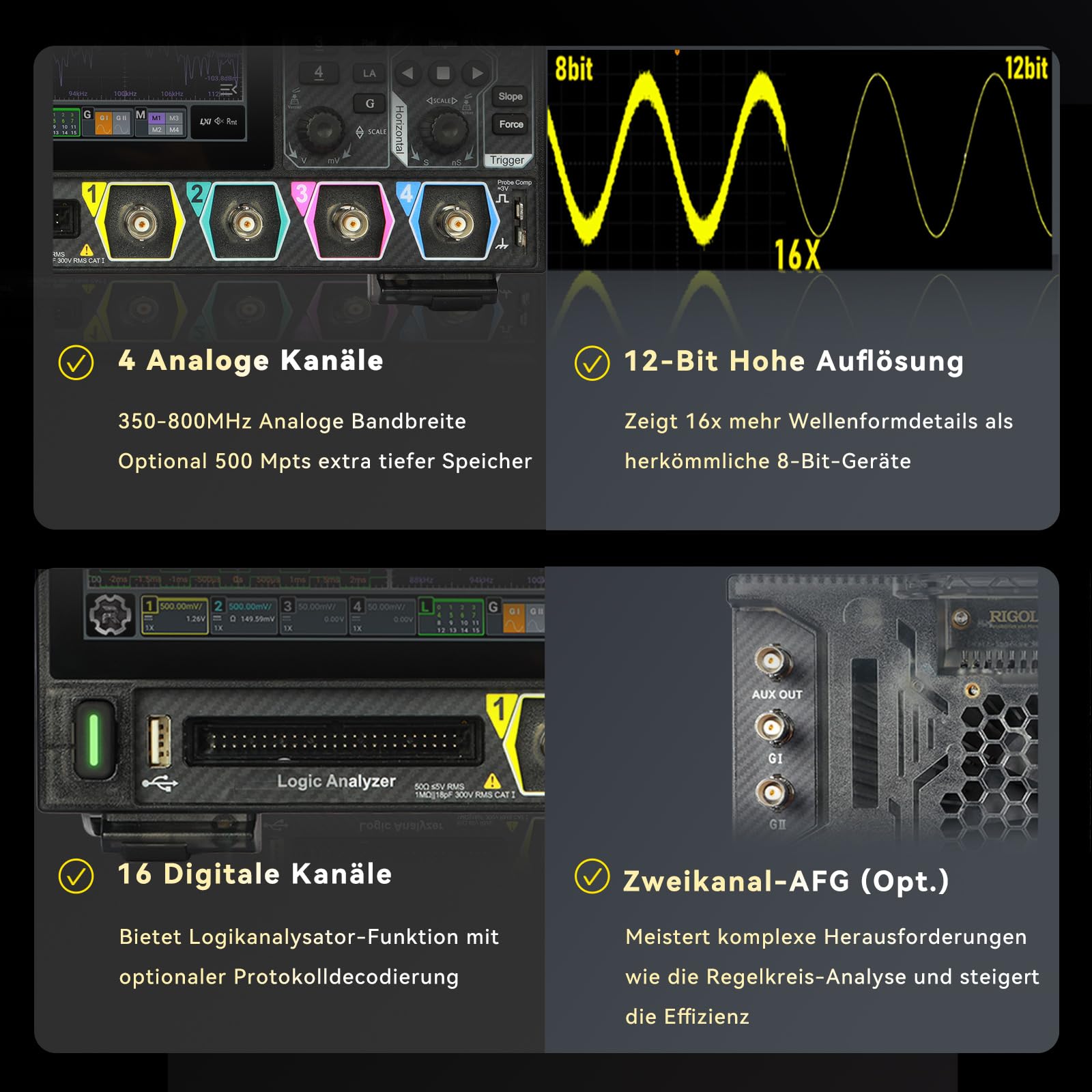 RIGOL MHO984 Digital-Oszilloskop, 800MHz, 4GSa/s, 12-Bit, 4+16 Kan, Wi-Fi & Bluetooth, Type-C Strom, Optionaler AFG, Ultrakompakt
