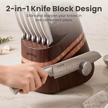 SMIRLY 14 Piece Knife Set with Block for Kitchen, Knife Block Set, Brown