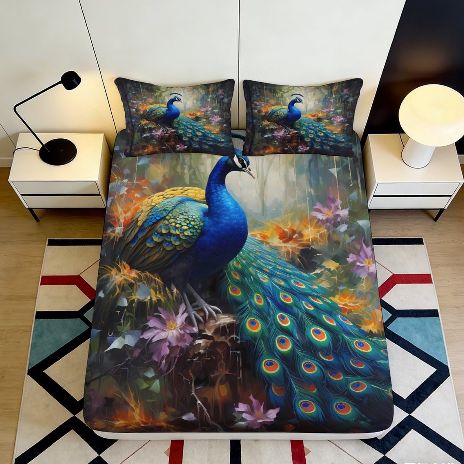 3D Printed Peacock Forest Fitted Sheet Microfiber Non-slip Bed Sheet Artistic Mattress Cover Bedroom Decor 90x200x25cm