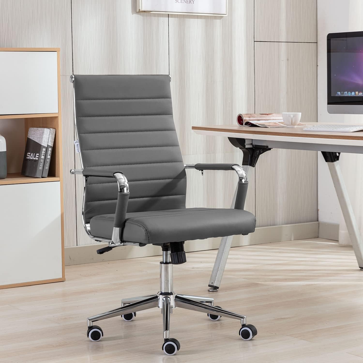 Okeysen Ergonomic Office Desk Chair, Modern PU Leather Conference Room Table Chairs Ribbed, High Back Executive Swivel Rolling Chair for Home, Office (Grey-Ribbed) thumbnail