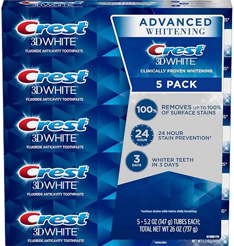 Crest 3D White Advanced Whitening Toothpaste, 5.2 oz (Pack of 5)