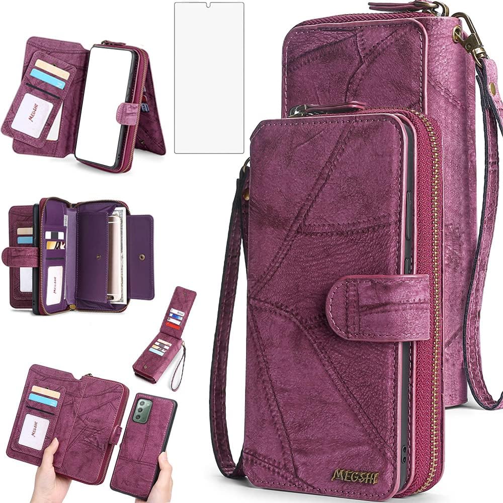 Asuwish Phone Case for Samsung Galaxy Note 20 5G Zipper Wallet Detachable Cover with Screen Protector and Flip Mirror Card Holder Cell Accessories Note20 Notes 20s Twenty Not S20 Women Men Wine Red