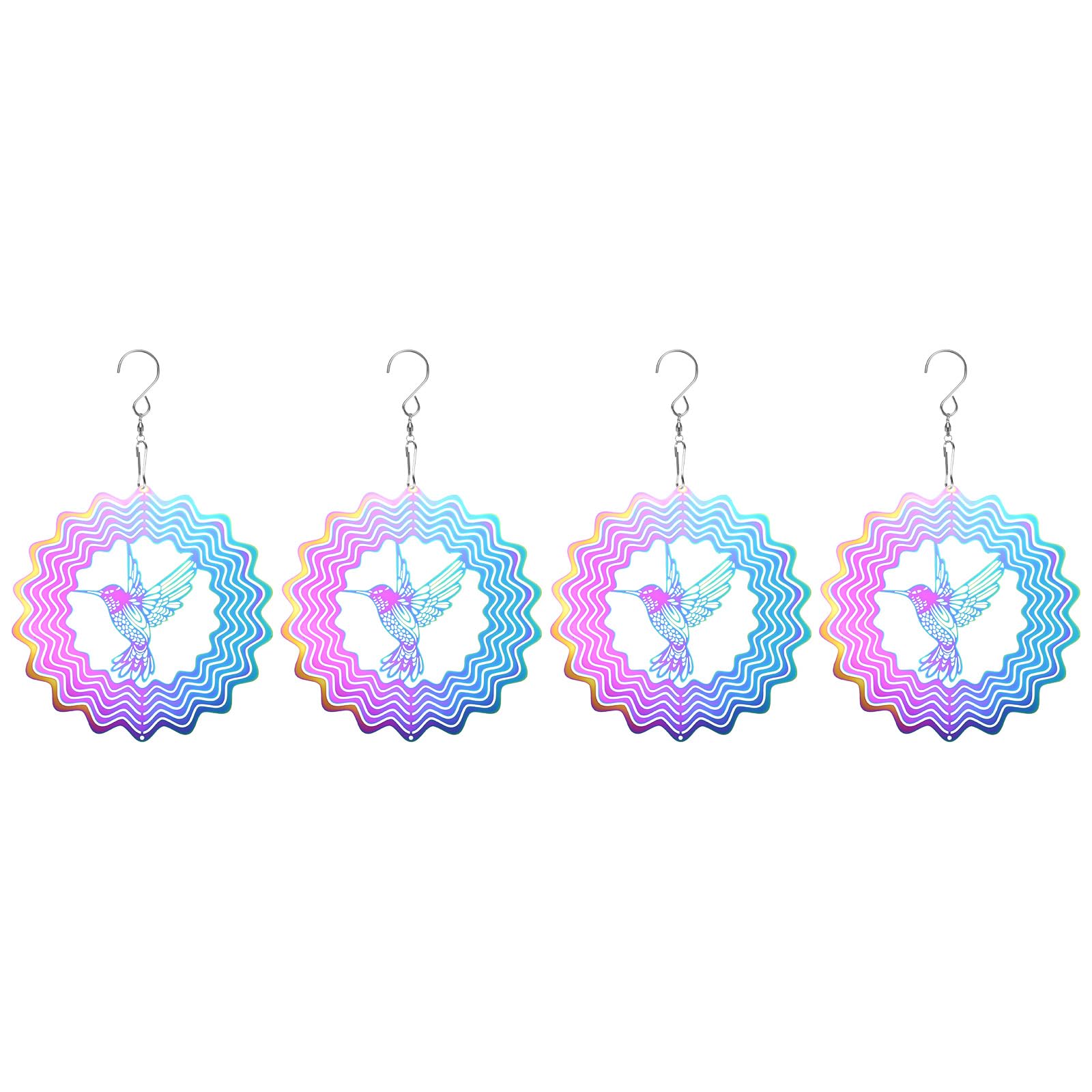 M METERXITY 4-Pack Hanging Wind Spinners, 9.3" 3D Stainless Steel Hanging Reflective Pinwheels for Patio/Yard/Outdoor, Garden Decor Windmill [Colorful, Hummingbird]
