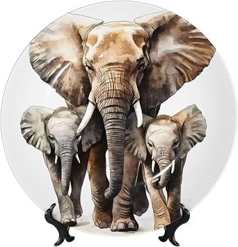 African Elephant Bone China Decorative Plate ceramic Art Plate With Display Stand For Home, Kitchen, Wall Or Table Decor
