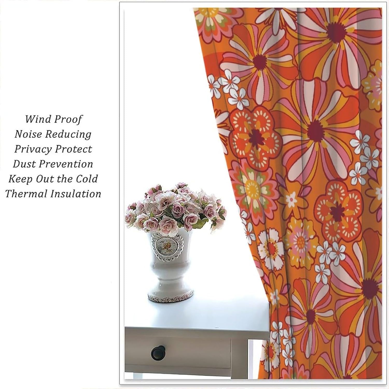 60S 70S Groovy Curtains for Bedroom Living Room Retro Hippie Flower Blackout Curtains Vintage Boho Plant Floral Darkening Drapes Botanical Blossom Brown Window Treatments Set 2 Panels,63x72 Inches