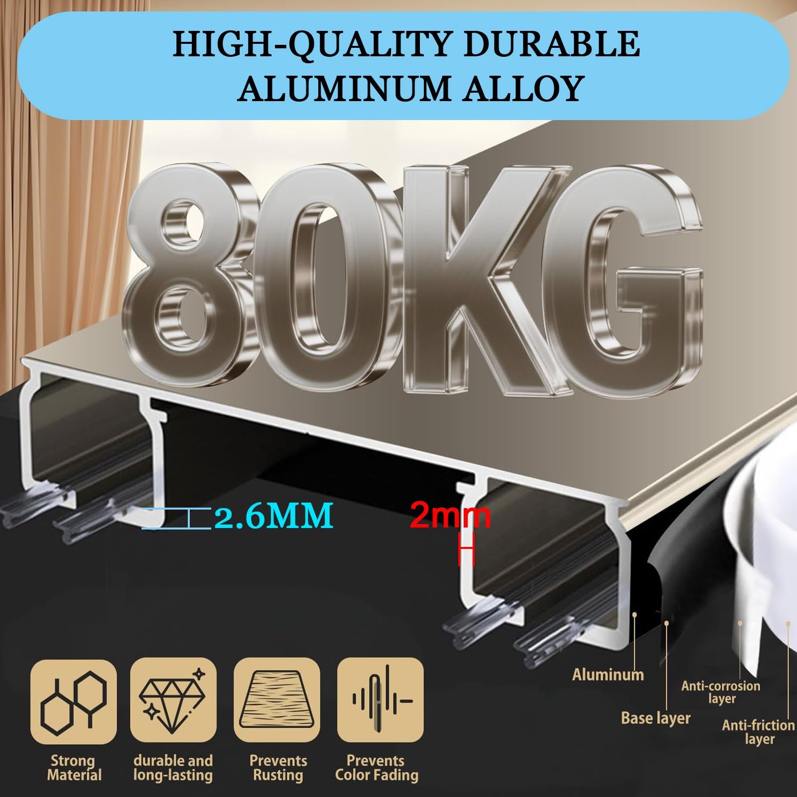 Doppelreihiges Deckenschienensystem, 1-6 m, Wandmontage, ideal für Wohnzimmer, Schlafzimmer, Dusche, Raumteiler, 90-Grad-Biegung (Metallic, 5 m)