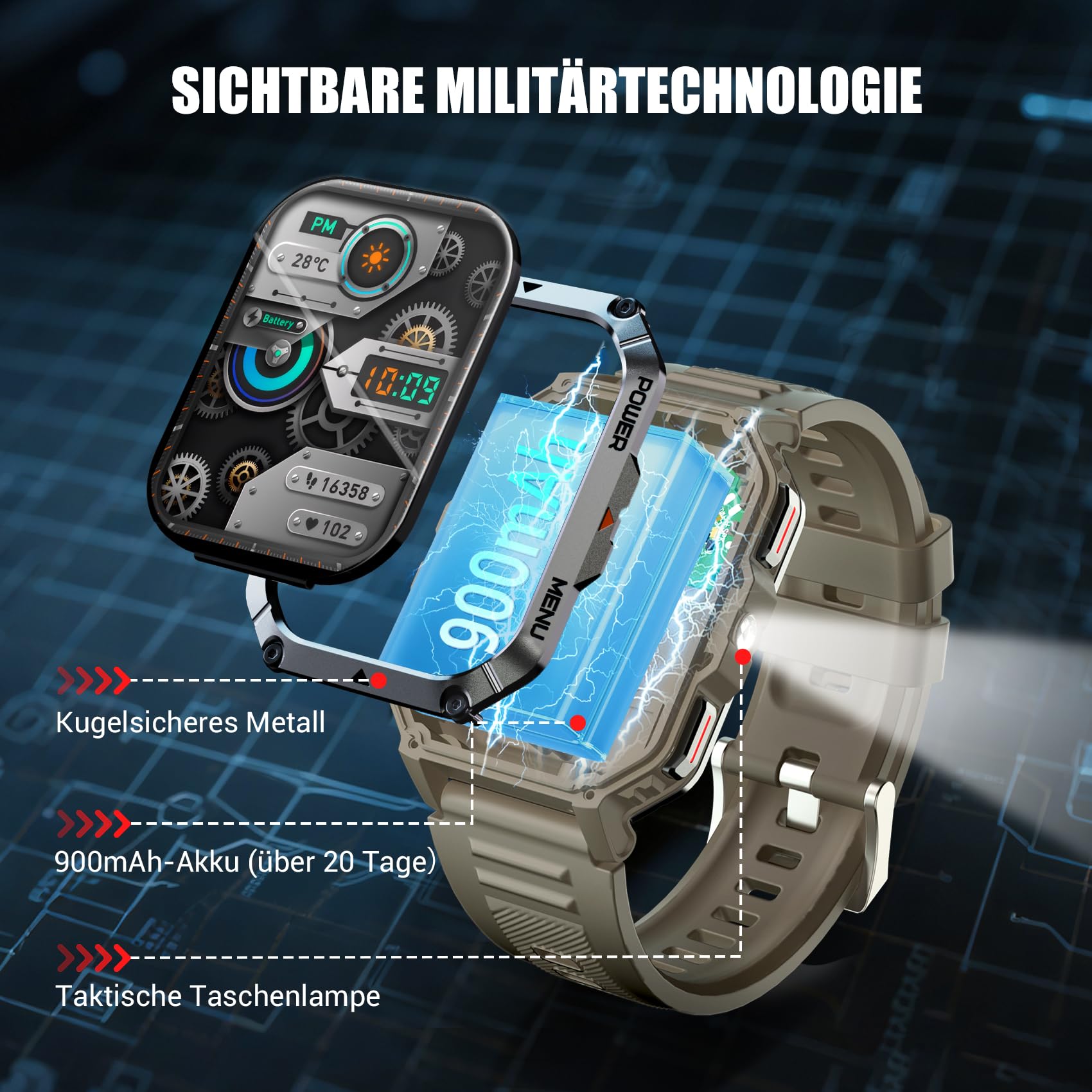 IOWODO Militär Smartwatch Herren 2,01 Zoll | LED Taschenlampe & Kompass | 900mAh/100 Tage Standby | 2 Armbänder | Bluetooth Anrufe | 100+ Sportmodi | IP68 Wasserdicht | 24/7 Gesundheitsmonitor