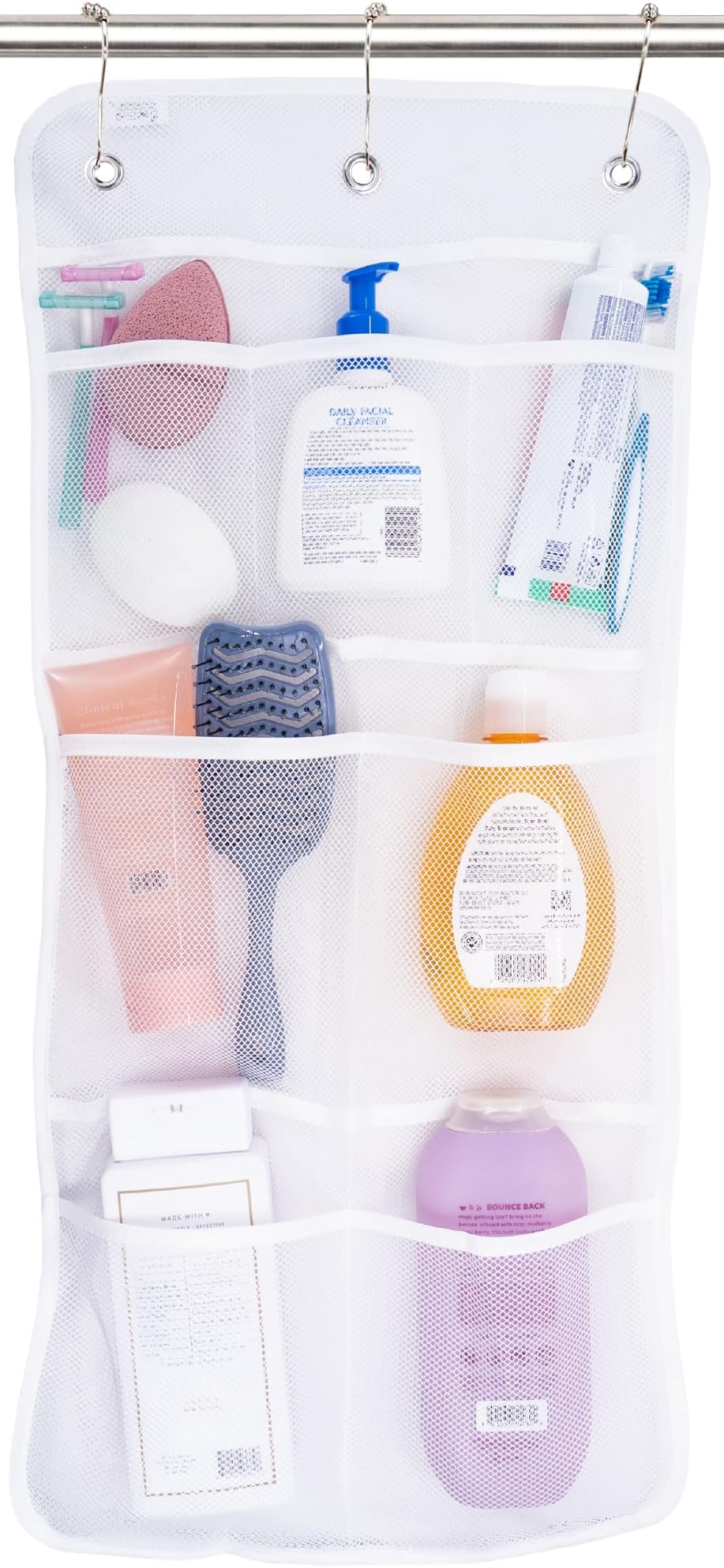 S&T INC. Shower Organizer, Shower Caddy or Bathroom Organizer with Quick Drying Mesh, 7 Pockets to Hold Shampoo, Soap, Loofah, and Cruise Ship Essentials, 14 Inch by 30 Inch, White, 1 Pack