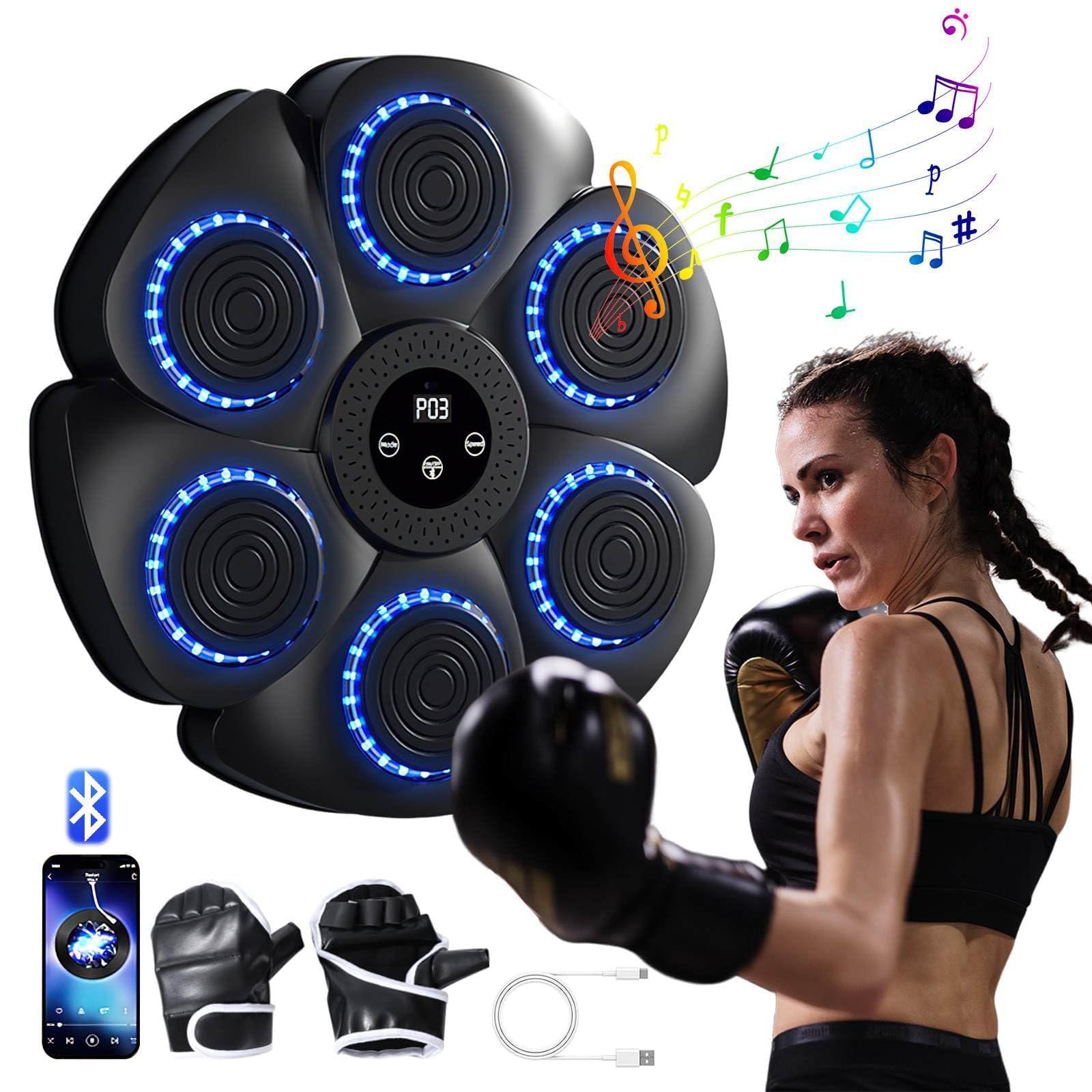 PZCC Machine à Boxe Musicale, 2024 Nouvelle Machine de Boxe Murale Intelligente -Bluetooth avec Gants de Boxe Adultes Enfants, 9 Le Mode de Vitesse et de décompte