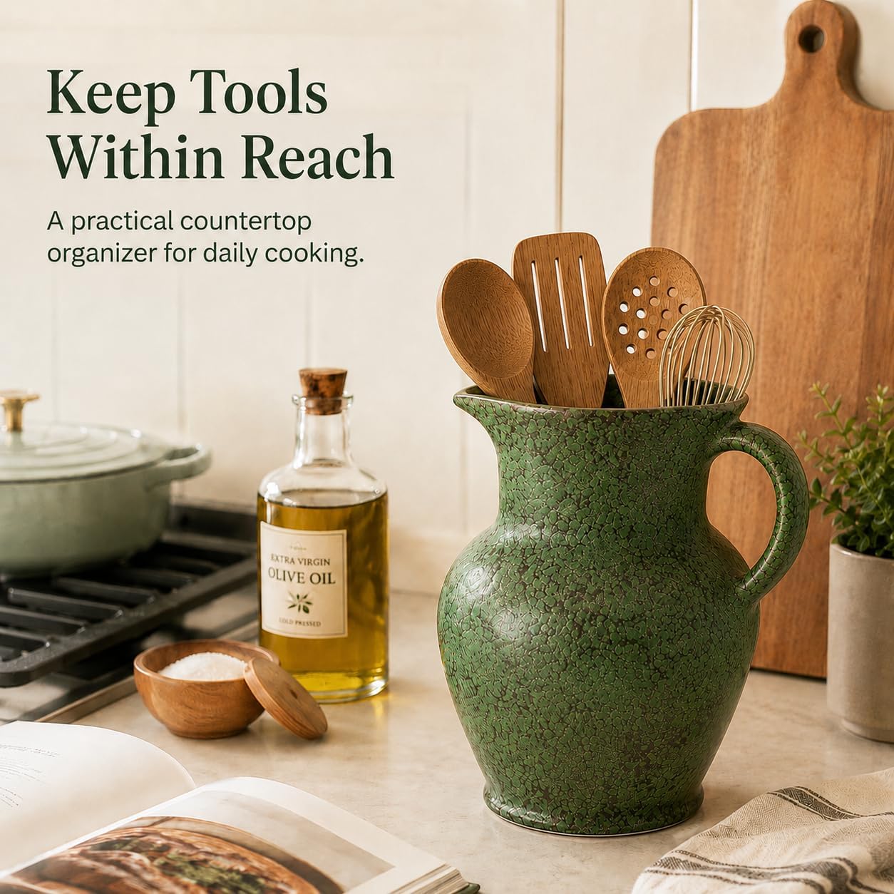 Rustic Green Kitchen Utensil Holder with Handle Ceramic Utensil Crock for Countertop Vintage Kitchen Counter Decor