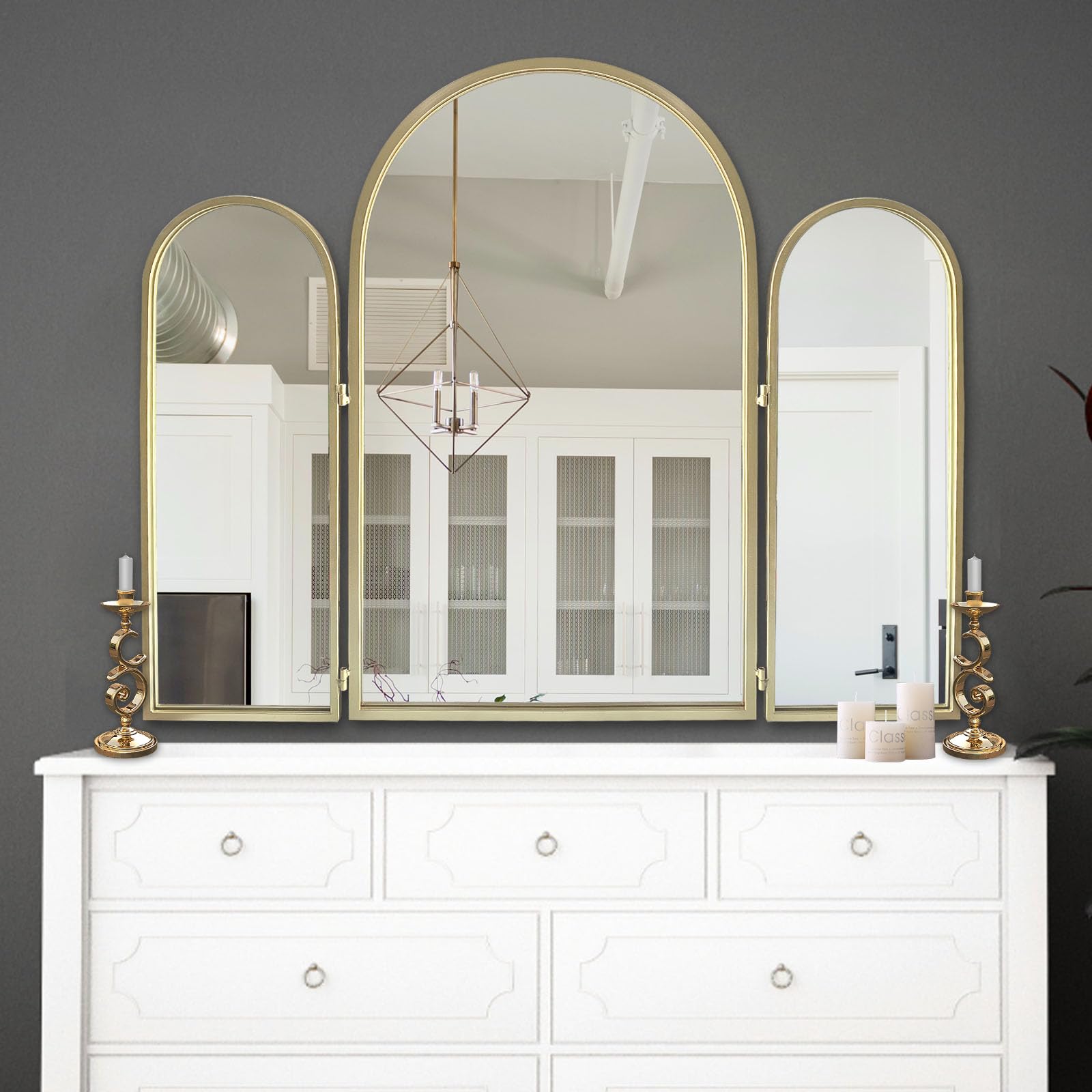 BAODANFU Dreifach gefalteter Kosmetikspiegel, 3 Wege, 76,2 x 94 cm, verstellbare Kosmetikspiegel für Badezimmer, Schlafzimmer, Champaign Golden Arch Spiegel, Wandmontage, Dekoration, Flechthaare,
