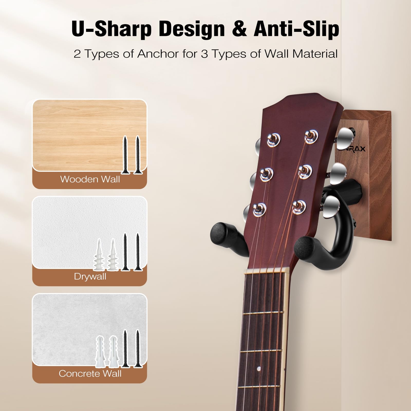 GH1 Supporto da Parete per Chitarra, 2 Pezzi, Gancio Chitarra in Noce Nero con Viti, Porta Chitarra da Muro per Chitarra Acustica Elettrica Basso Banjo Mandolino, Appendi Chitarra da Muro