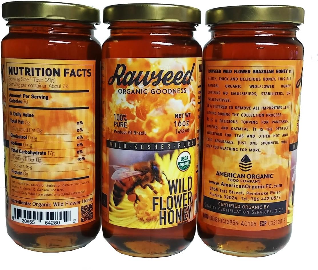 Rawseed Organic Wildflower Brazilian Honey 3 Pack of 16 FL oz Glass Bottle.