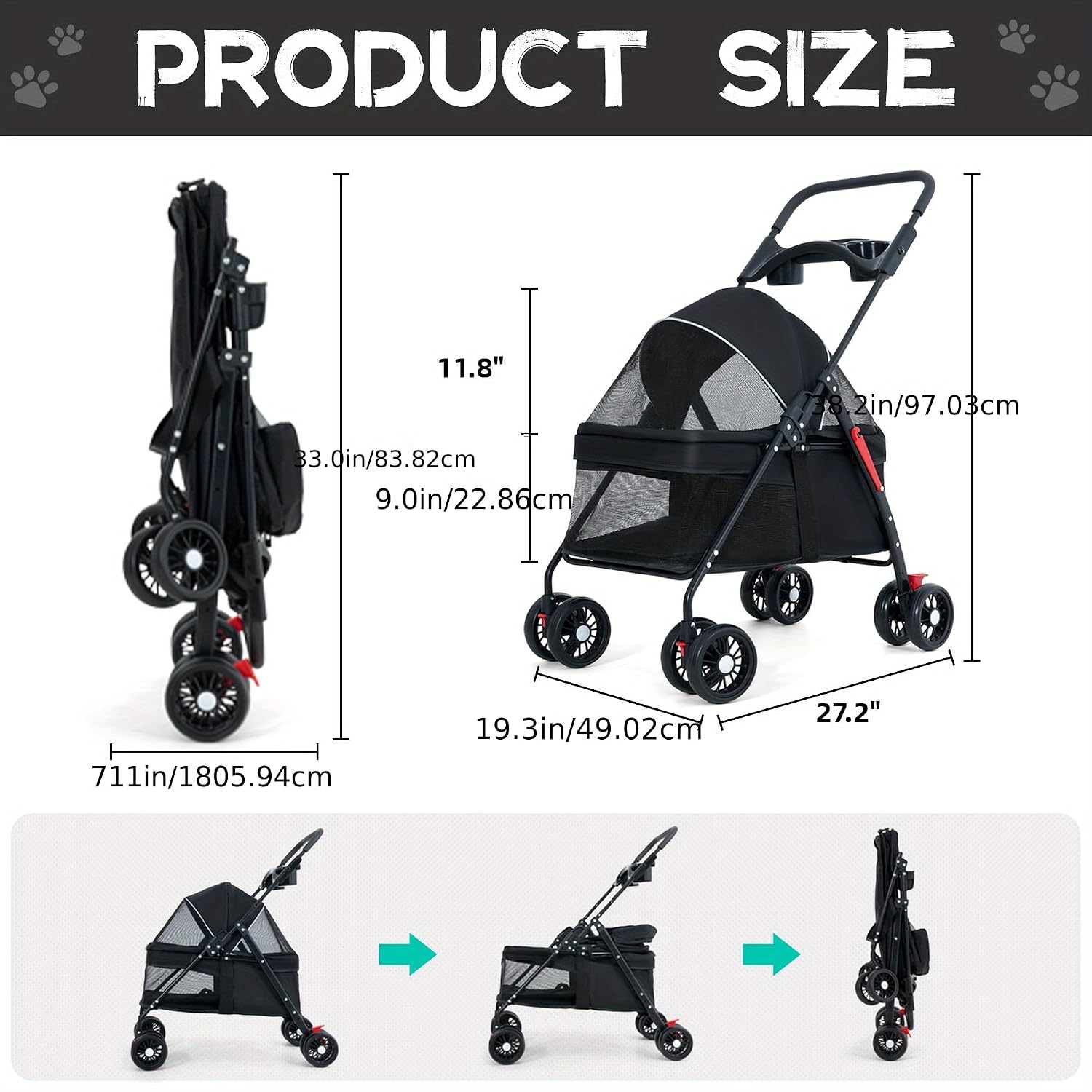 4-Wheel Foldable Pet Stroller with Spacious & Breathable Design, Spring Shock-Absorbing Wheels, Cup Holder & All-Terrain Tires - Heavy-Duty Iron Frame & Pet-Friendly Material, Adjustable Canopy