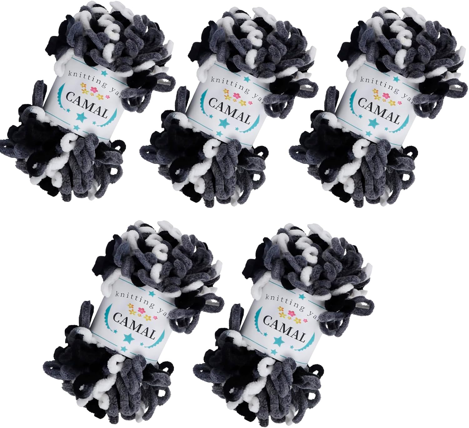 CAMAL 5 Pack Loop Yarn for Finger Knitting Soft Fluffy Finger Rainbow Loop Chunky Chenille Plush Yarn for Crocheting Blanket, Rugs, Scarfs, DIY Handbags, Hand Crafts(Black White)