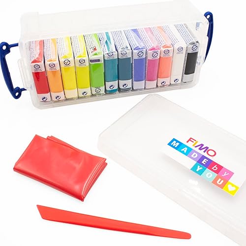 FIMO - Arcilla para modelar horno de polímero suave, juego de 12 x 2.01 oz, viene en caja de regalo con herramienta de modelado y protector de