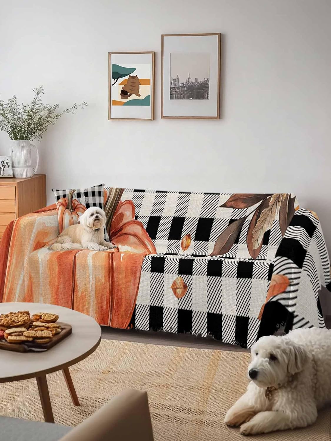 Plaid Pumpkin Sofa Cover Couch Cushion Slipcover, Thanksgiving Buffalo Checkered Black Orange Loveseat Sectional/Individual/L/T Shape Sofa Couch Furniture Protector Throws Blanket Cover,M 71"x102"