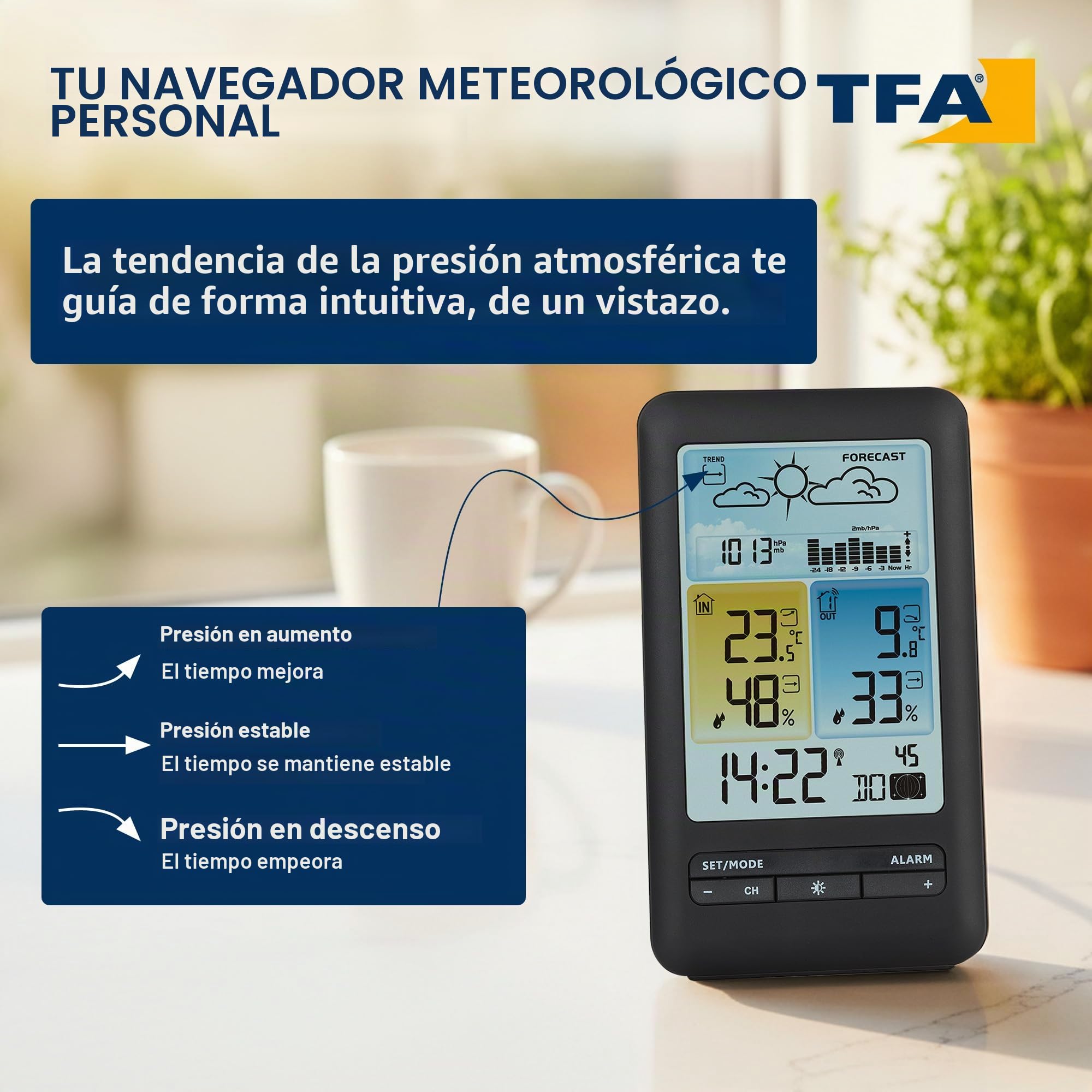 TFA Dostmann Estación meteorológica inalámbrica 35.1165.01, pronóstico y símbolos, presión con gráficos, fase lunar, max/min, exclusiva en Amazon, negro