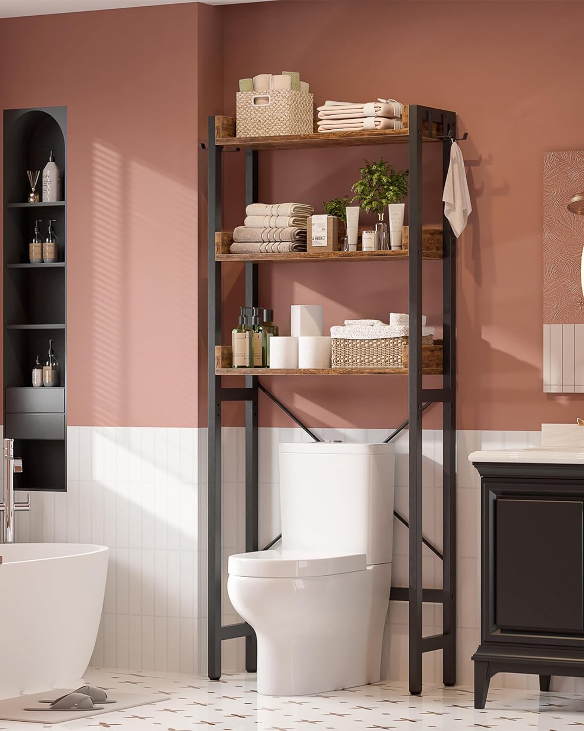 Ecoprsio Over-The-Toilet Storage Rack, 3-Tier Bathroom Organizer Shelf Over Toilet, Freestanding Space Saver Toilet Stands with 4 Hooks, Rustic Brown - Image 2